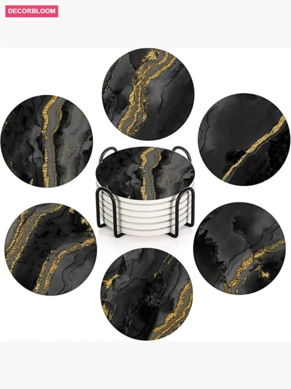6 Round Stone Absorbent Coasters with Cork Base & Metal Holder